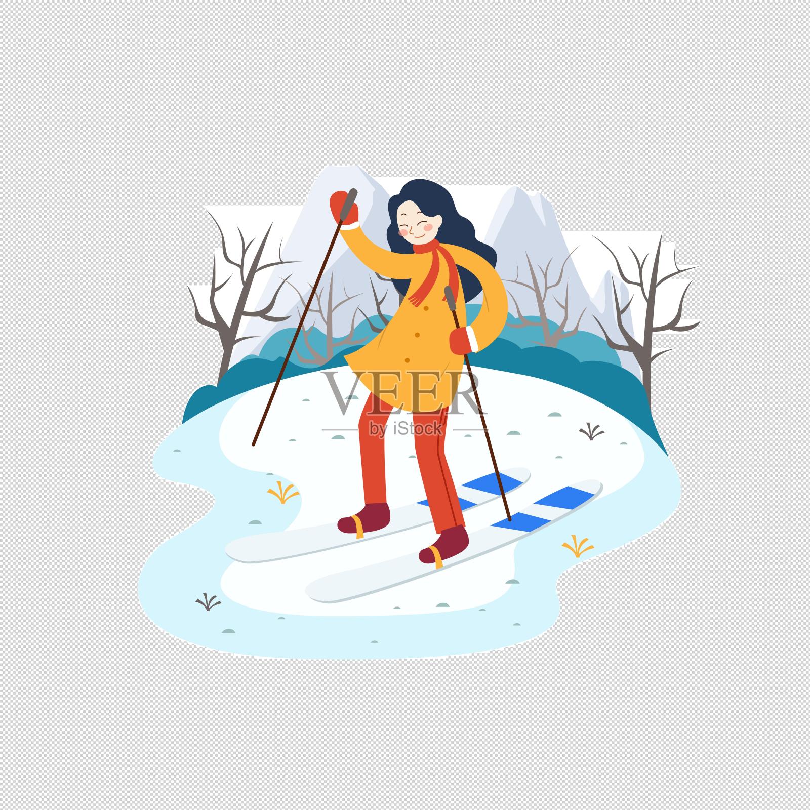卡通冬天滑雪小女孩插画设计元素图片