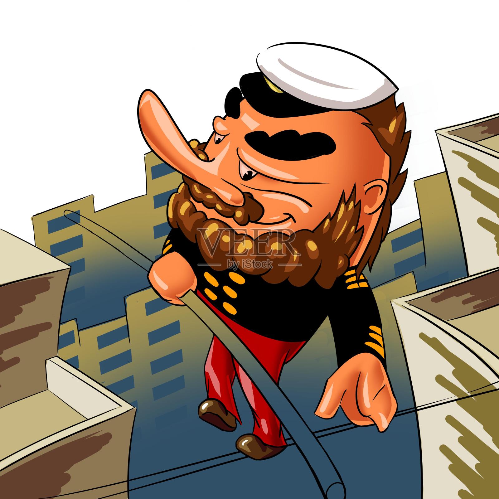 长鼻子海盗船长走钢丝插画插画图片素材