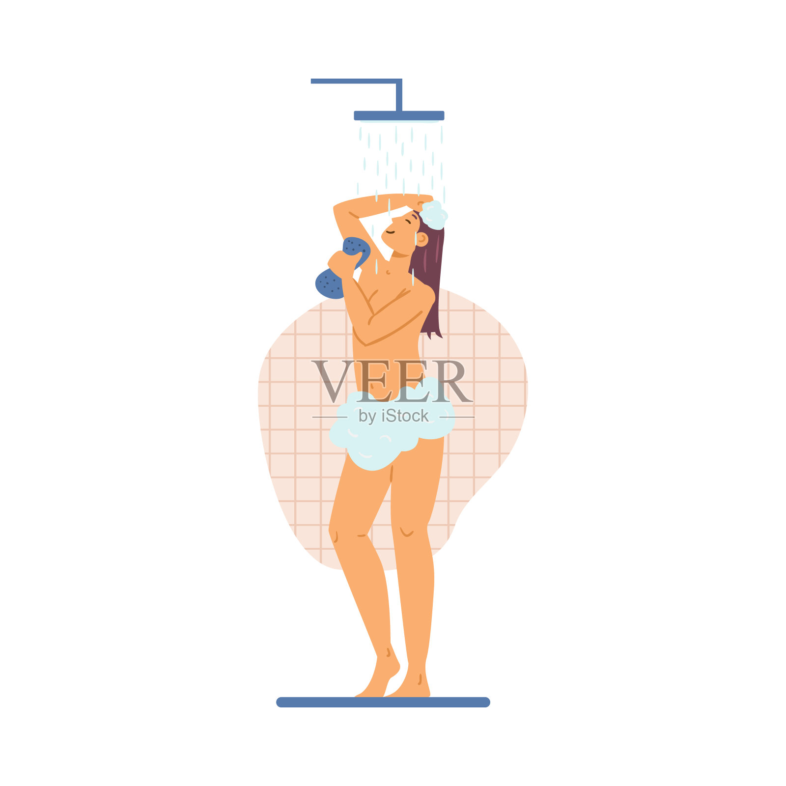 年轻漂亮的女人洗澡,平面矢量插图孤立在白色。插画图片素材