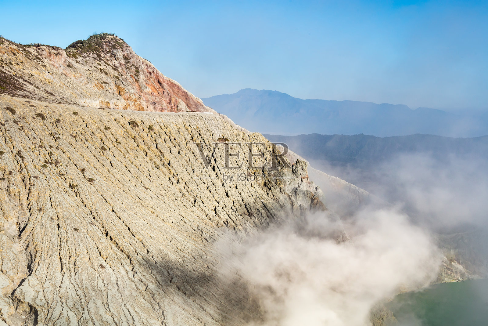 伊真火山口顶部熔岩流形成的山沟波状表面图案照片摄影图片