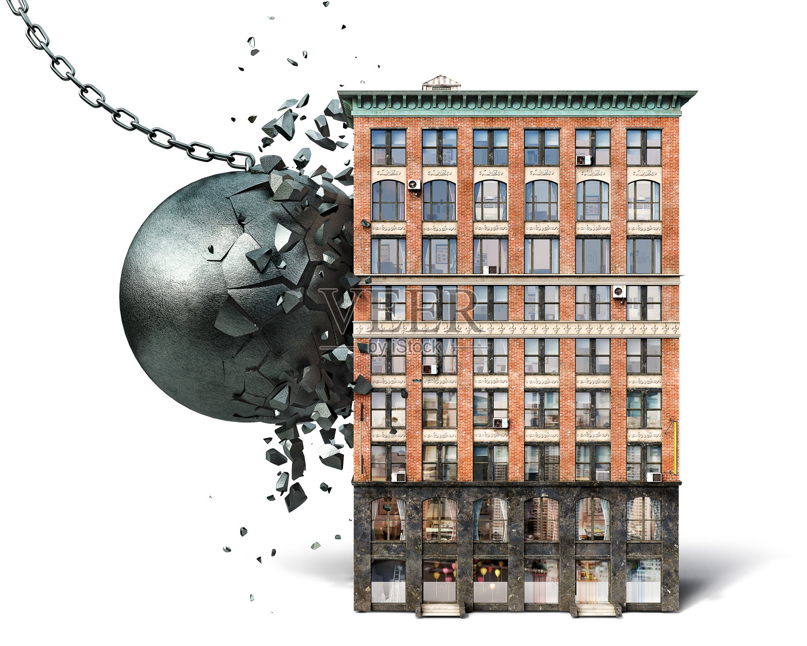 当一个破坏球击中建筑时被摧毁成碎片,3d插图照片摄影图片