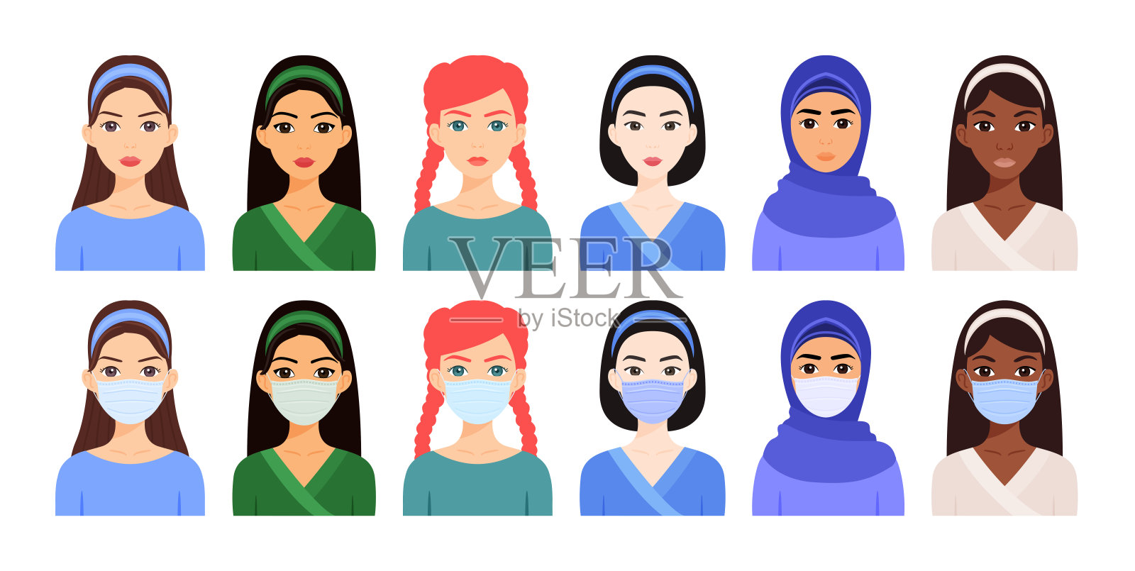 一组漂亮孤立的女孩没有外科口罩。一个年轻女护士的化身,脸上带着医用口罩。健康和安全。平面卡通色彩风格。白色背景。矢量插图。插画图片素材