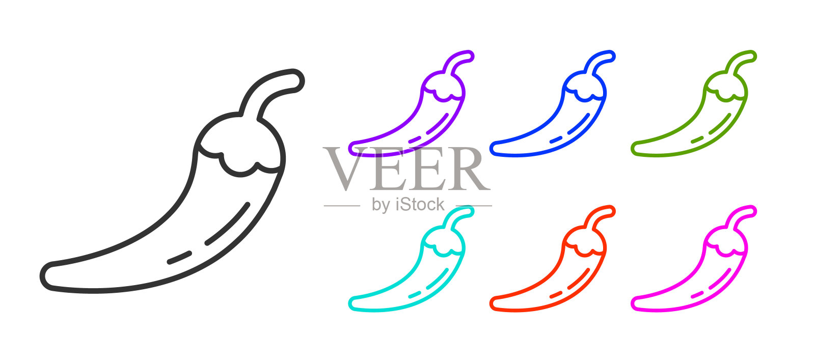 黑线辣椒荚图标孤立在白色背景。设计用于食品杂货、烹饪制品、调味品及香料包装、烹饪书籍。设置图标丰富多彩。向量插画图片素材