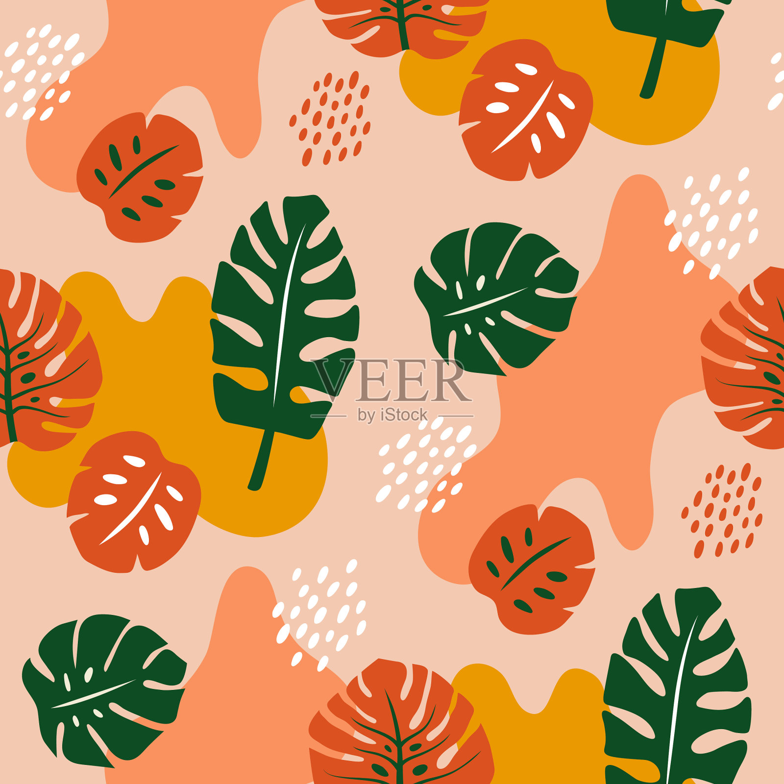 无缝模式与热带棕榈叶插画图片素材