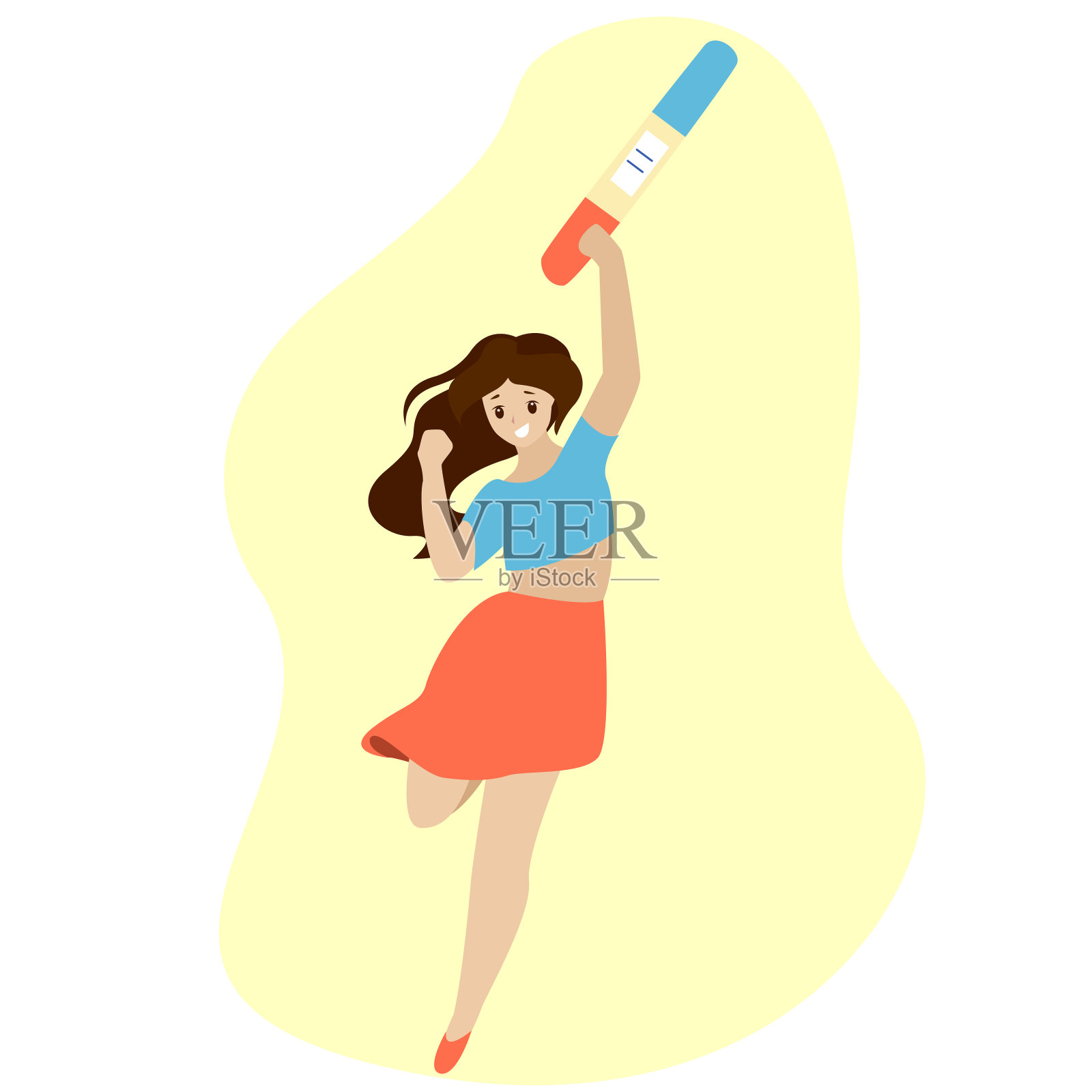 一个快乐的女人因怀孕测试呈阳性而高兴地跳了起来。插画图片素材