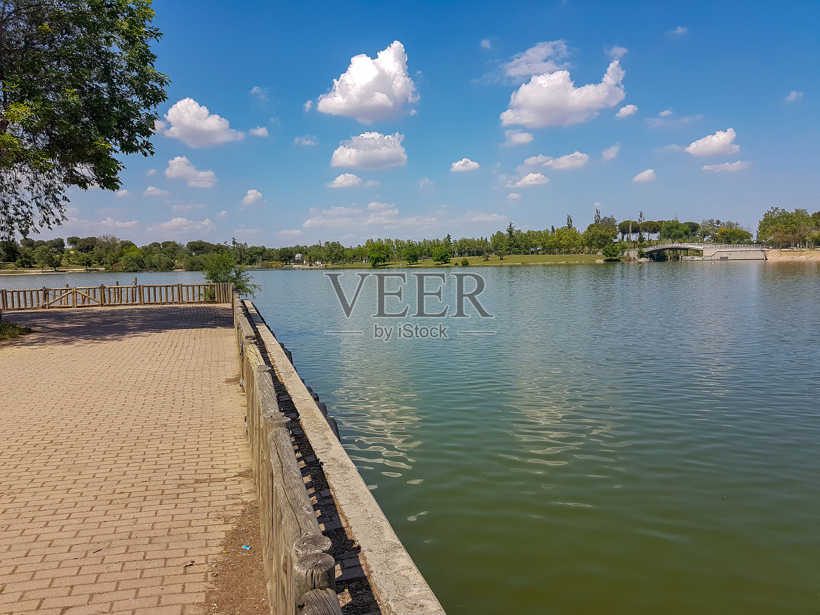 公园里一个美丽的湖上的观景台照片摄影图片