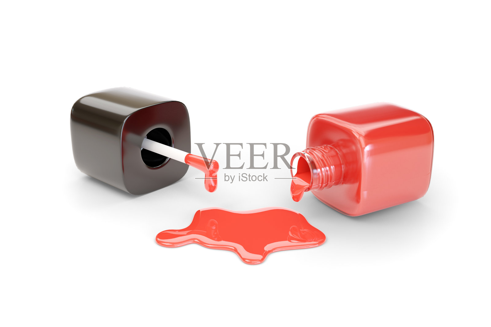红色指甲油瓶子洒在白色的背景上。3 d演示。照片摄影图片