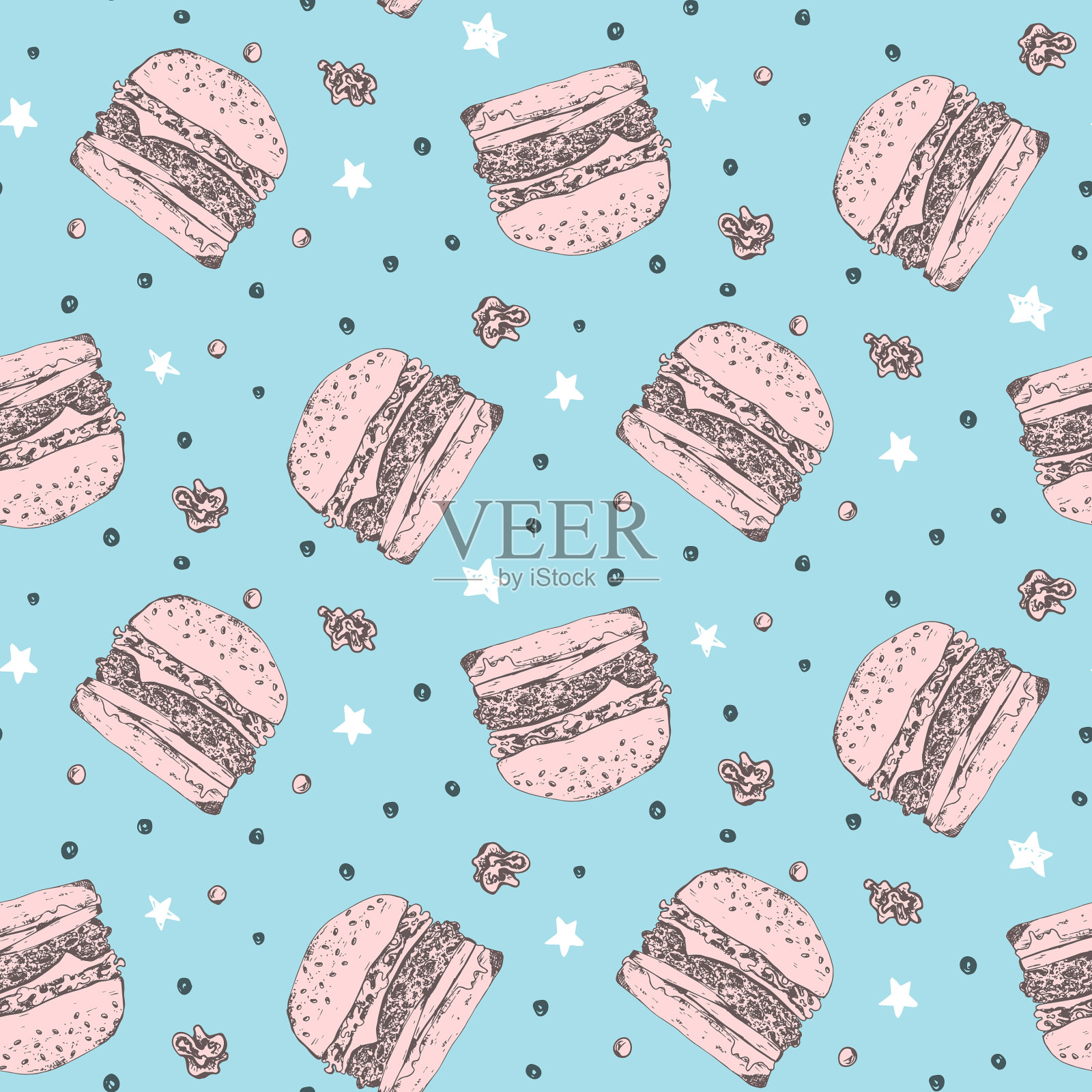 明亮的图案,粉红色的汉堡和蓝色的插画图片素材