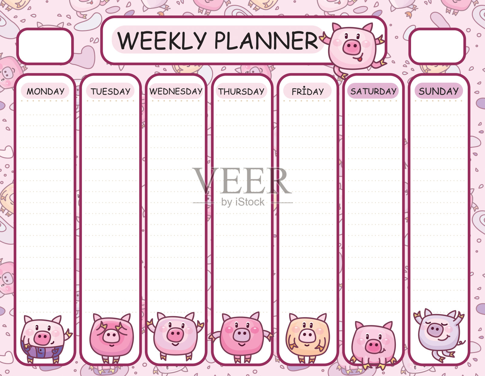 矢量模板每周计划。有趣的小猪卡通设计。插画图片素材