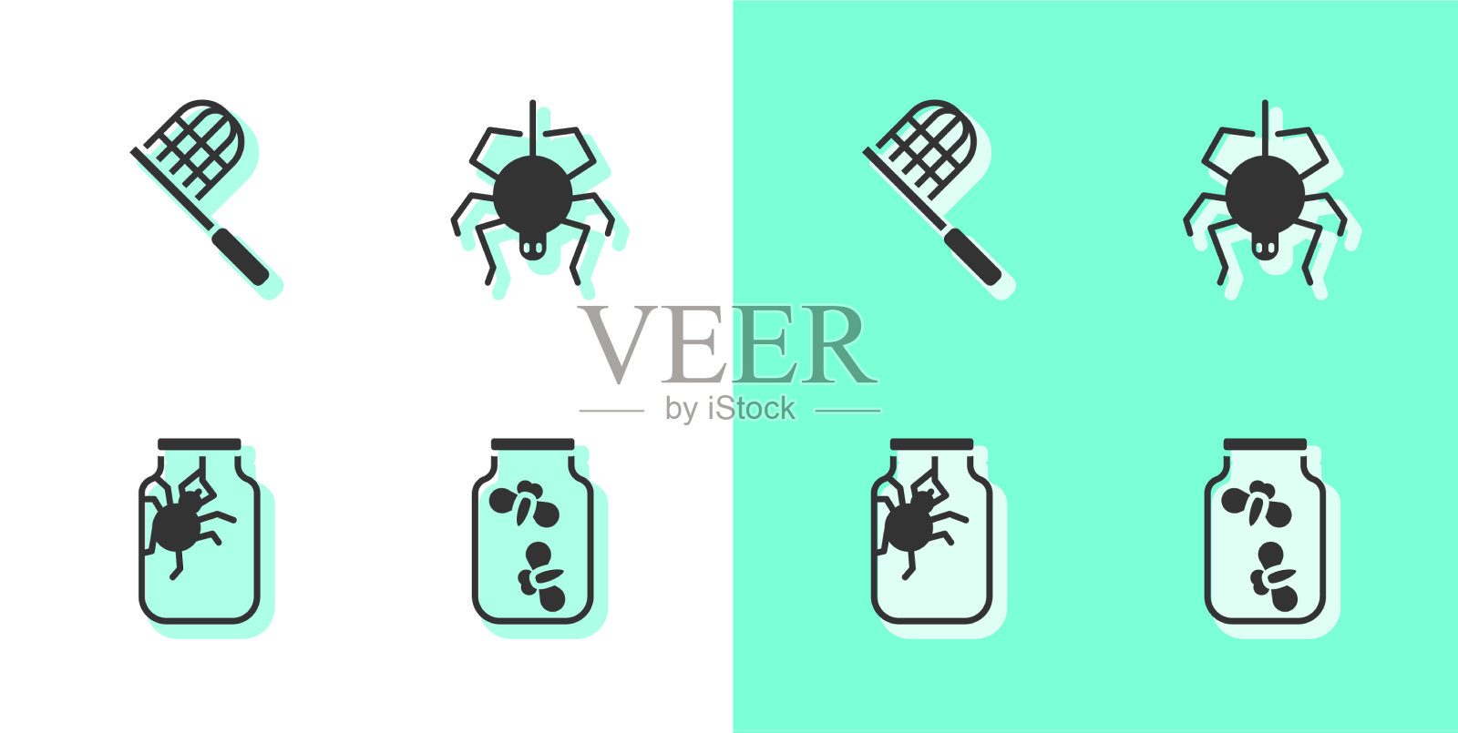 把萤火虫、虫子放在一个罐子里,蝴蝶、网蜘蛛图标素材