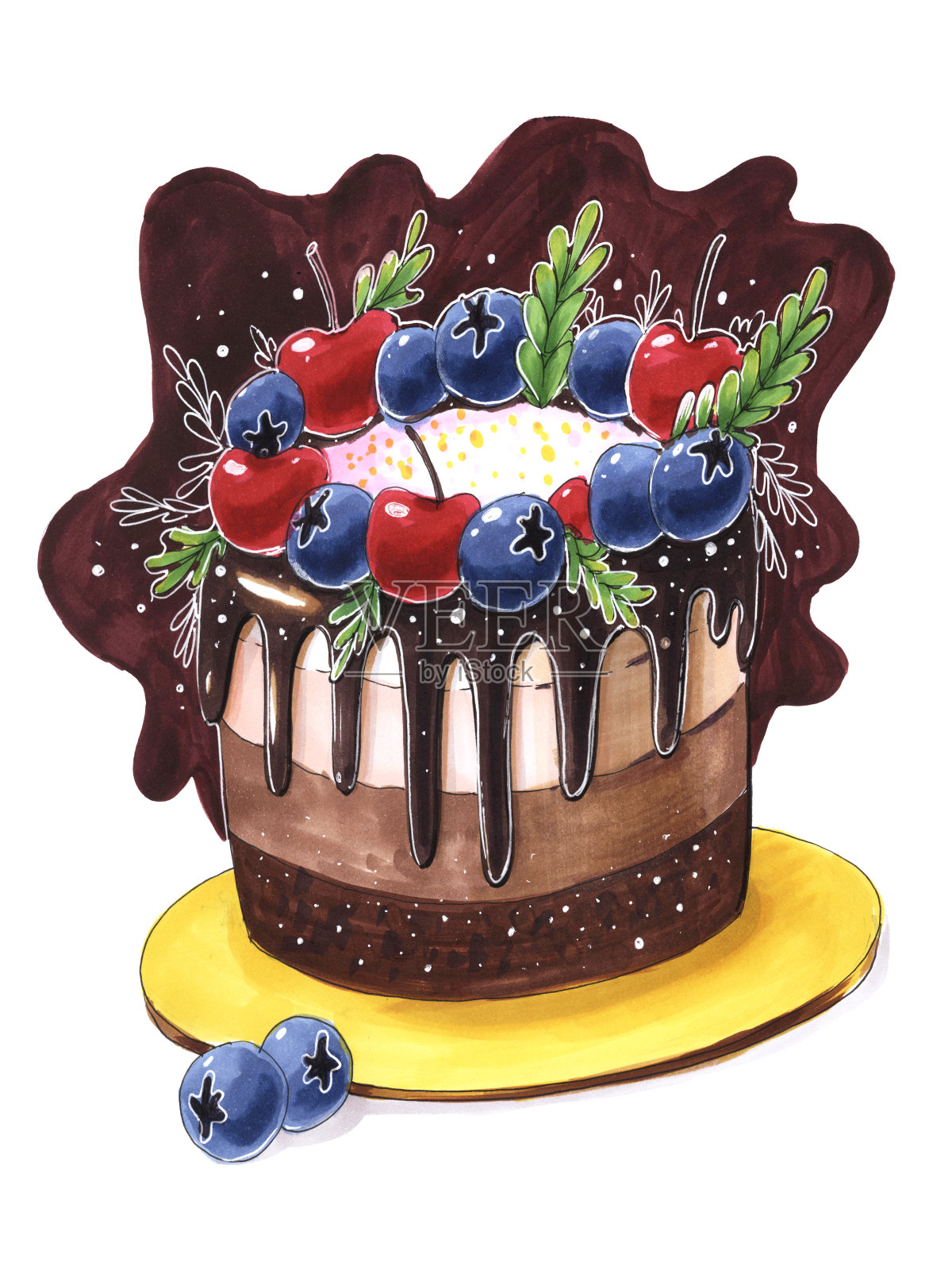 食物插图与标志卡通风格的节日巧克力奶油蛋糕,樱桃,蓝莓和绿叶在棕色的背景插画图片素材