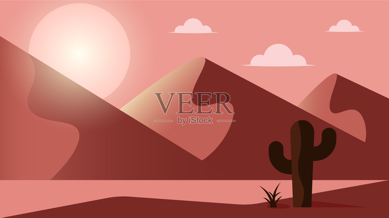 沙漠山丘附近的大山仙人掌插画图片素材