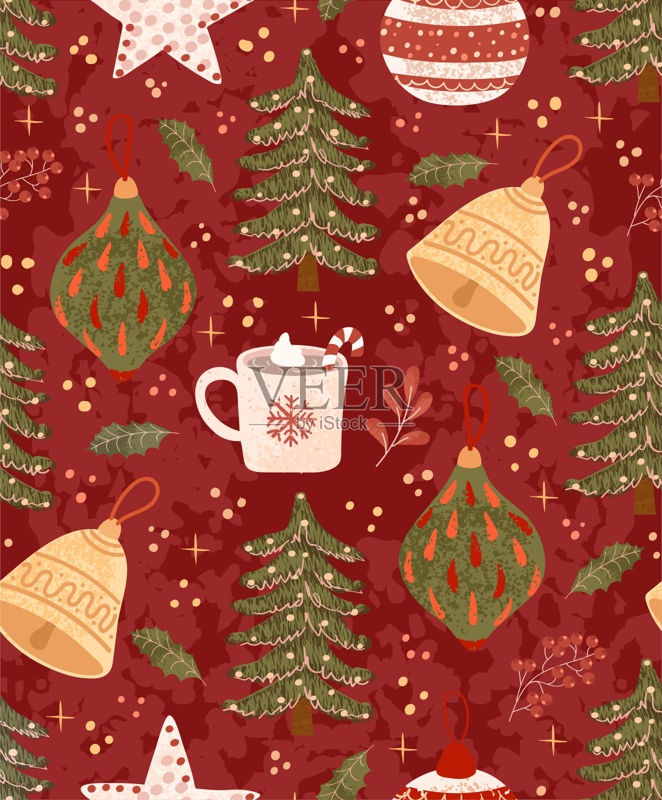 彩色无缝背景与圣诞物品的彩色插图插画图片素材