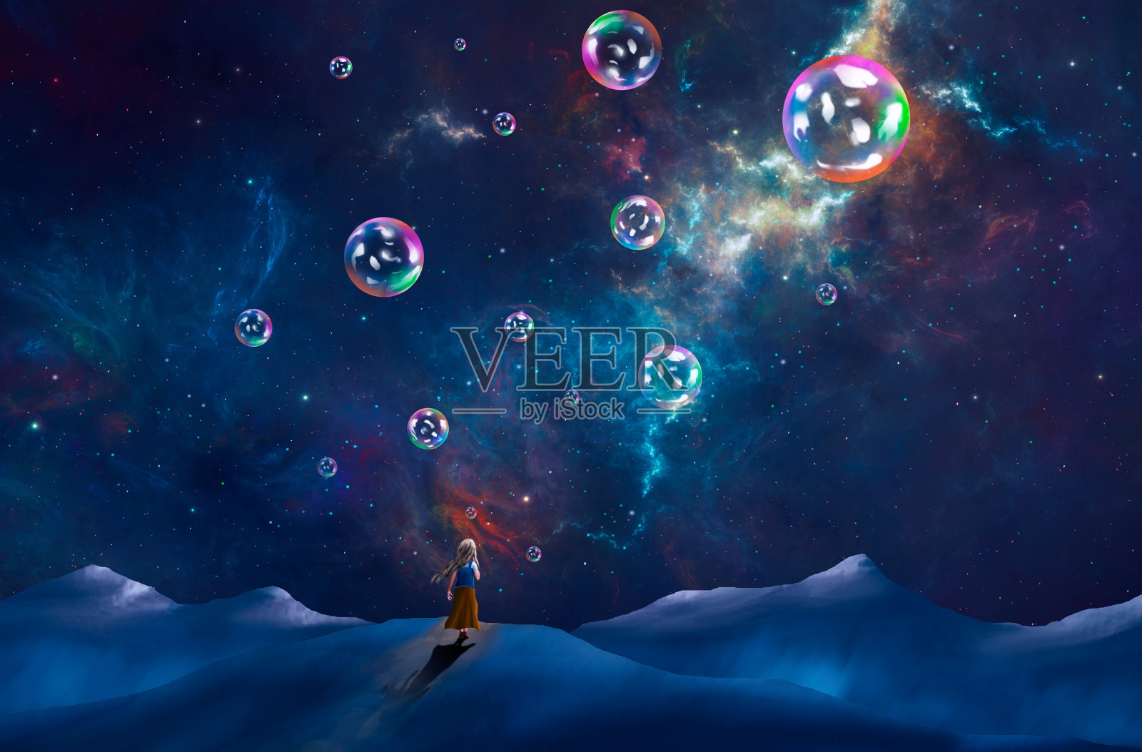 可爱的小女孩穿着衣服,用五颜六色的星云在山上吹泡泡。数字绘画,3D渲染插画图片素材