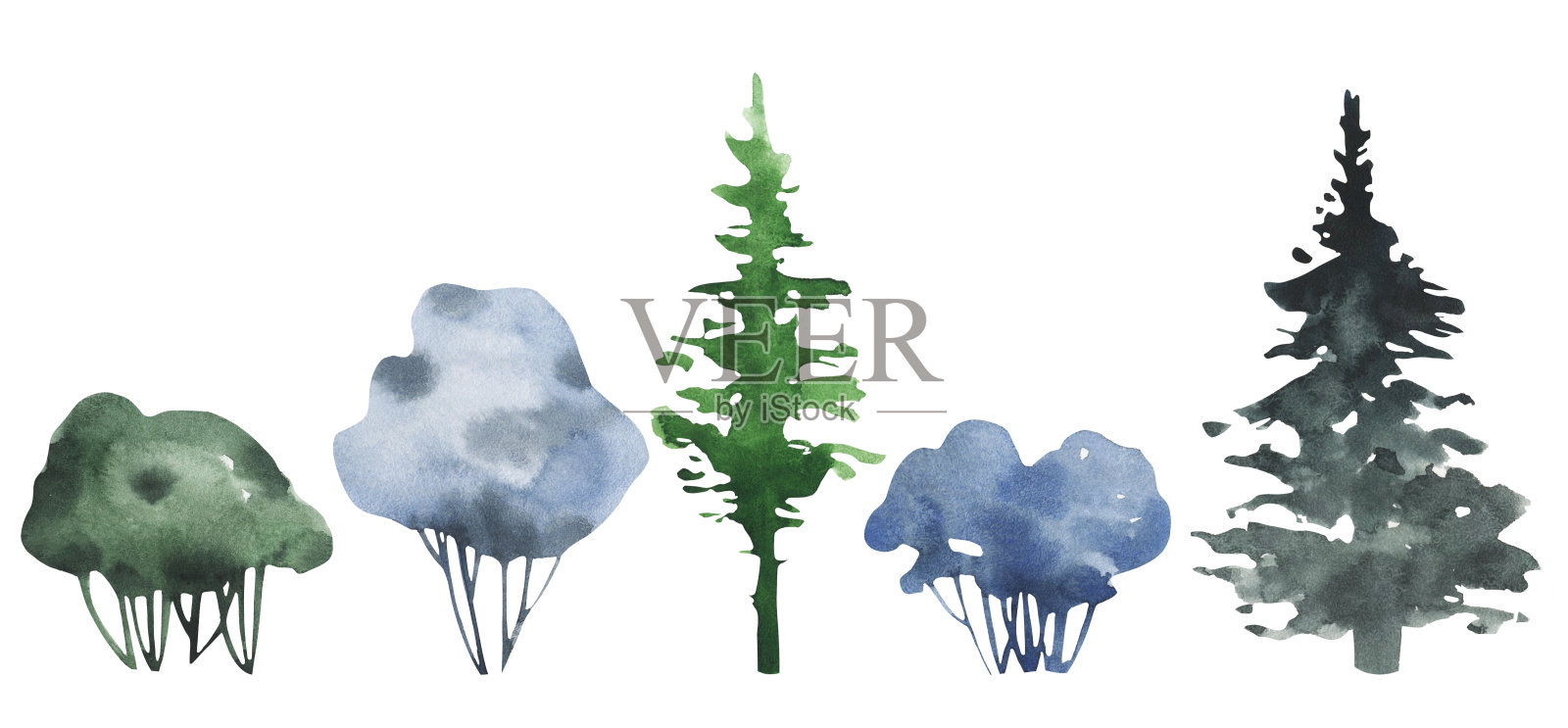 手绘水彩画松树和灌木水彩画集。插画图片素材