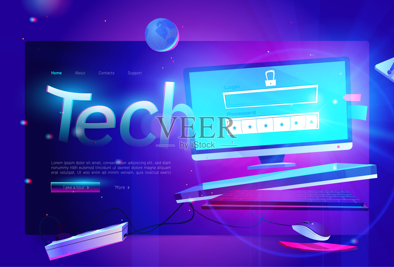 桌面电脑的技术横幅插图插画图片素材