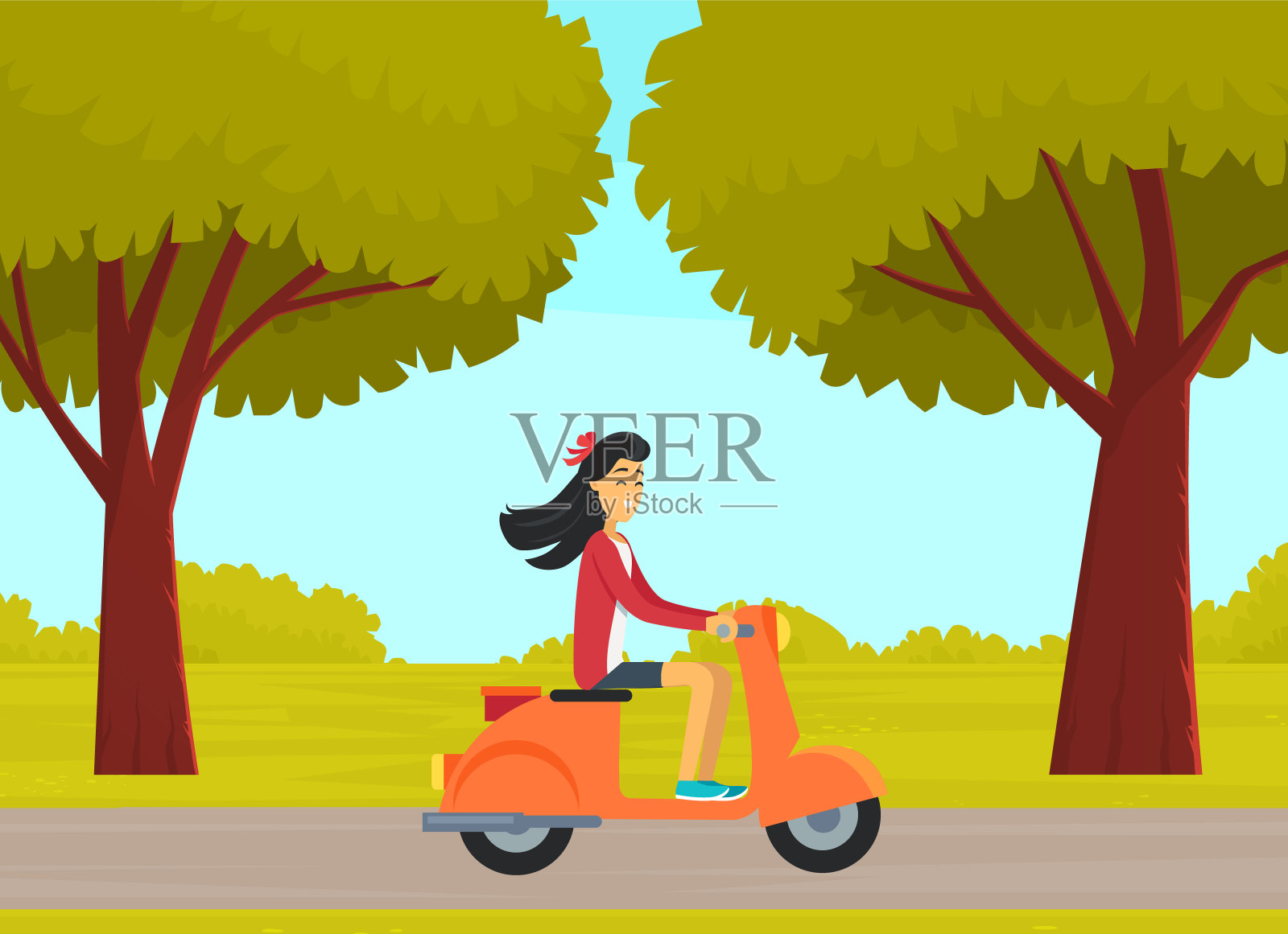 女主人公在城市公园的路上骑摩托车。一个女人在户外的街道上开着橙色的摩托车插画图片素材