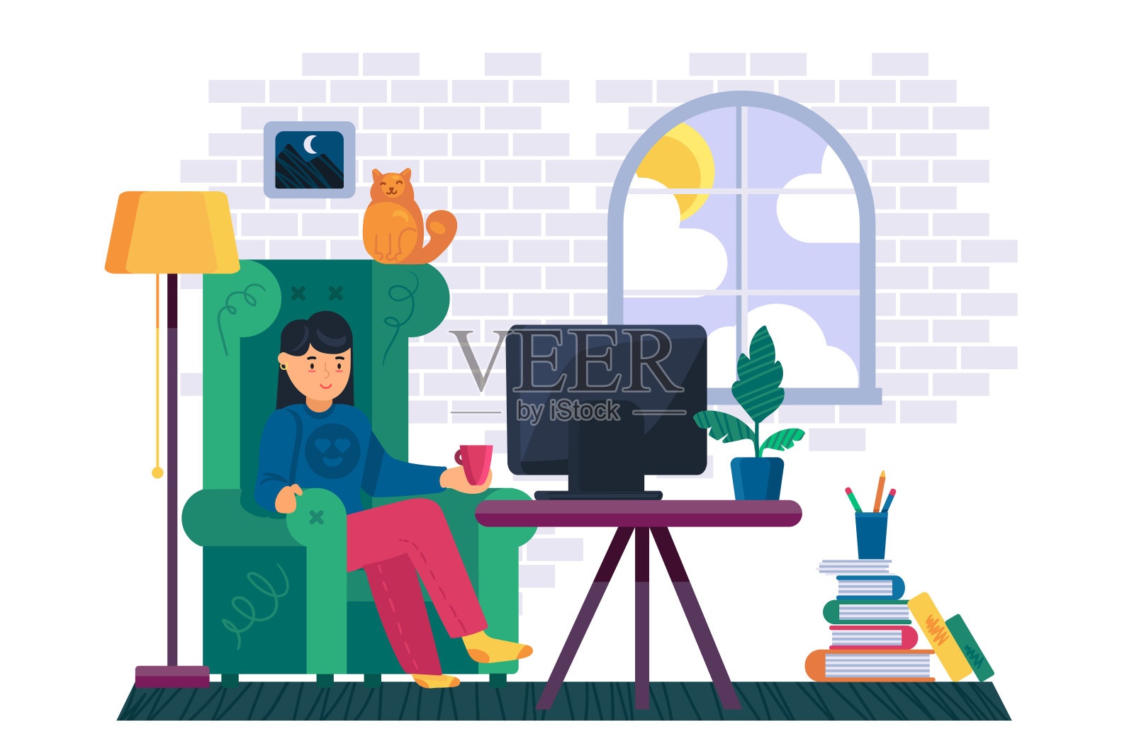 女孩在家看电视频道矢量插画图片素材