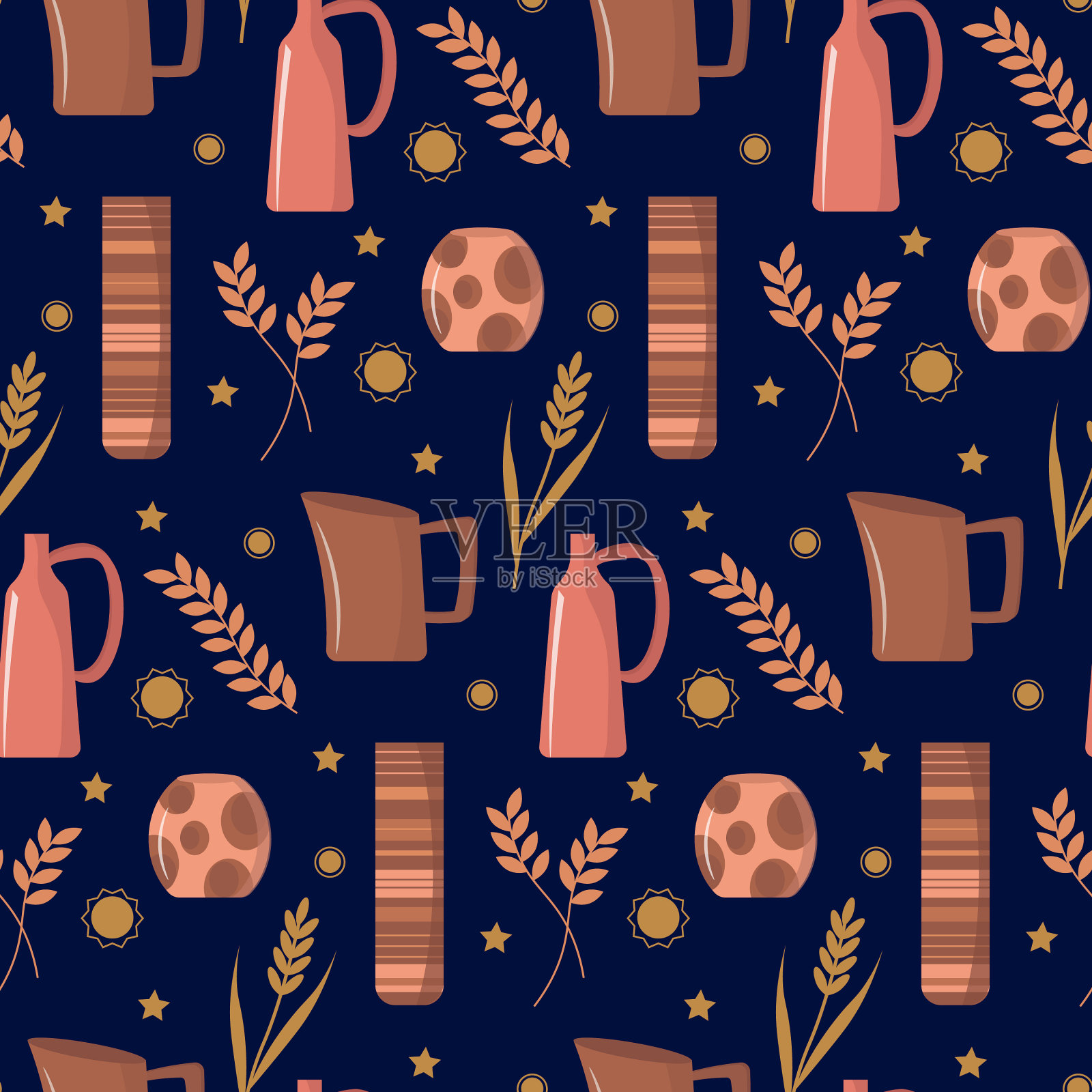 图案陶器手工花瓶上的一个黑色插画图片素材