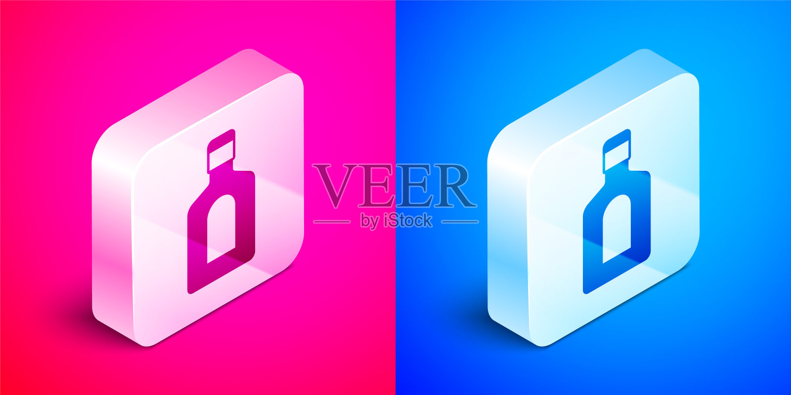 在粉红色和蓝色背景上隔离的洗发水图标的等距瓶。银广场按钮。向量图标素材