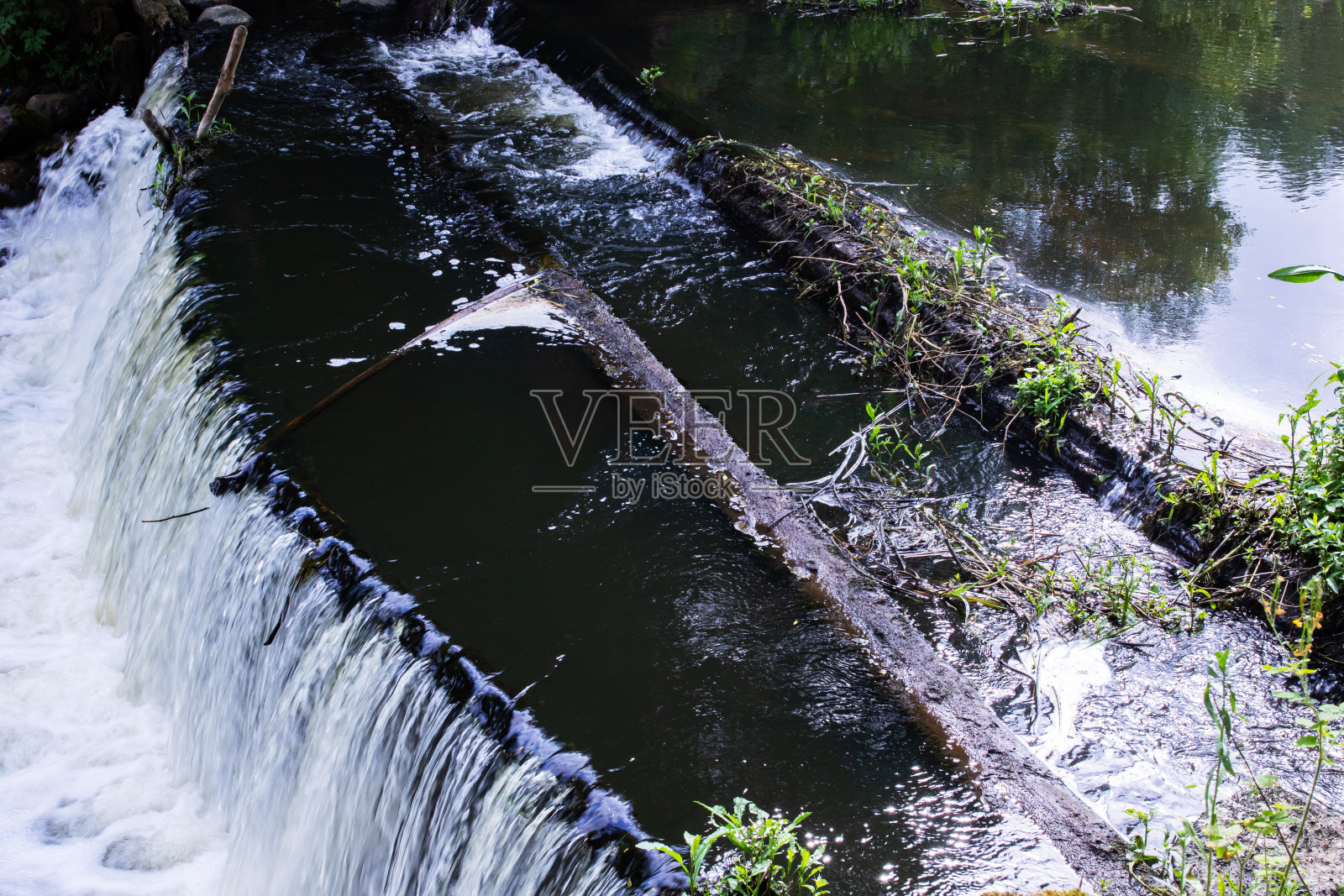 水在森林里的一个小瀑布照片摄影图片