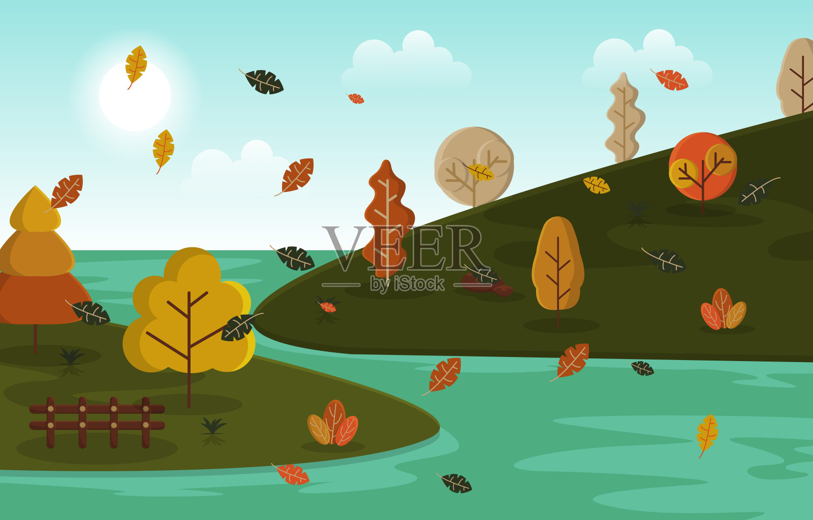 秋秋季节乡村河流自然景观插图插画图片素材