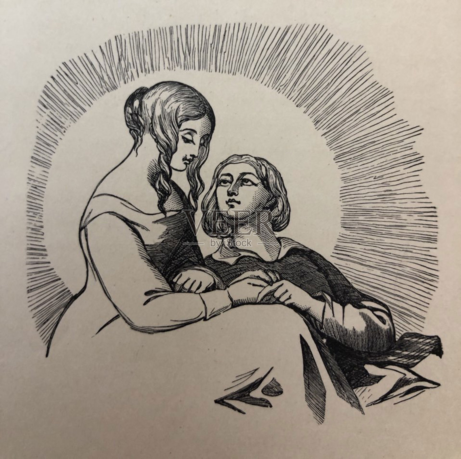 古玩插图-诗歌托马斯摩尔-男人倚在女人的大腿上看着她的爱插画图片素材