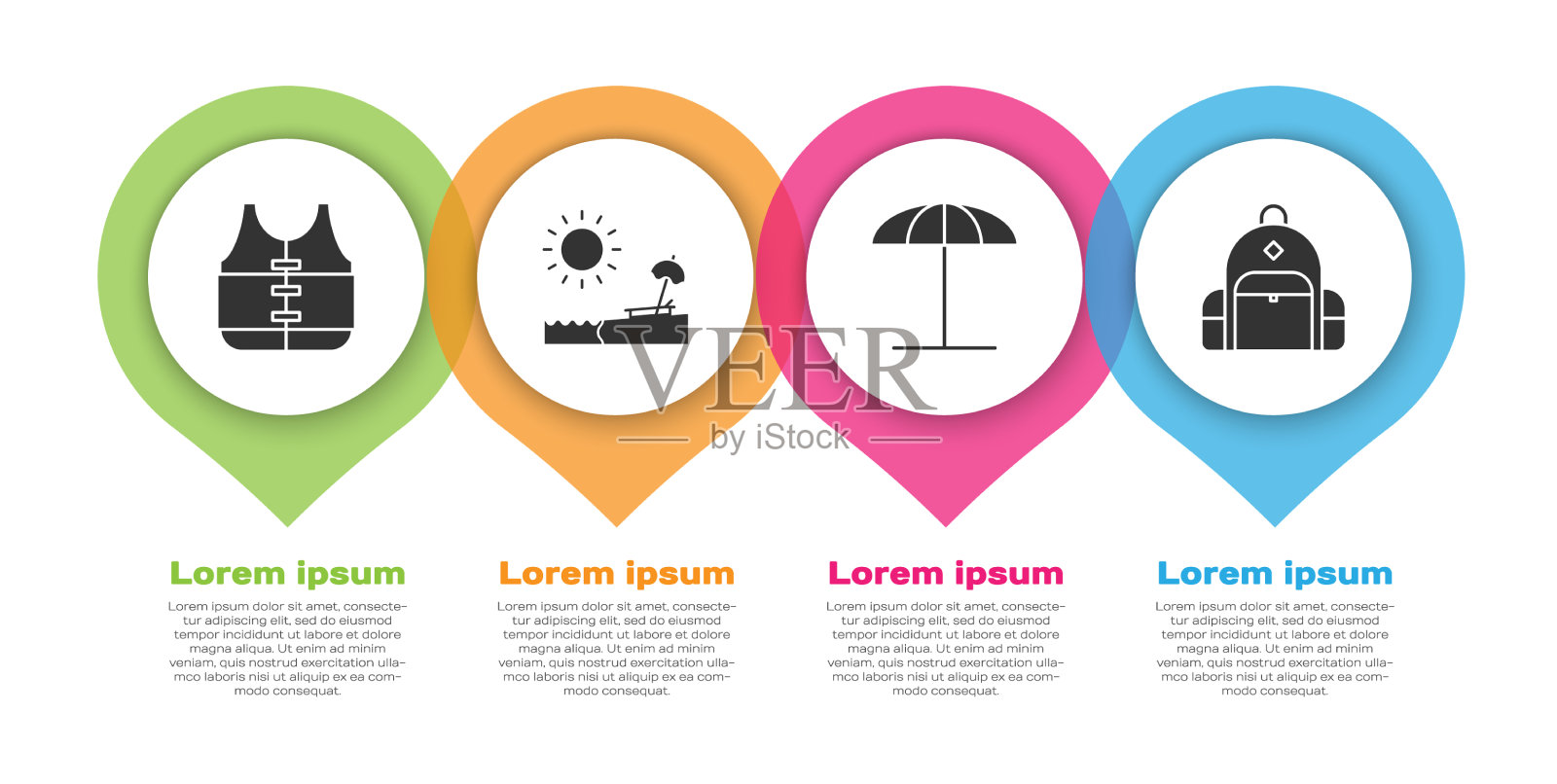 把救生衣和伞和椅子放在沙滩上图标素材