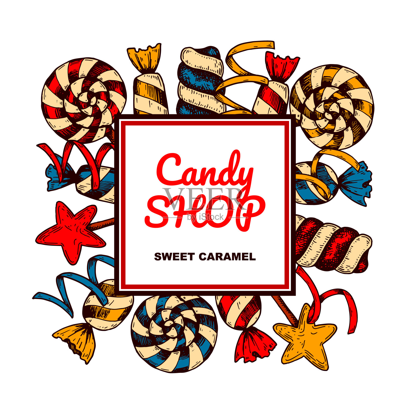 手绘糖果店设计。矢量插图在素描风格。模板的社会媒体,标志,卡片,标签,传单插画图片素材
