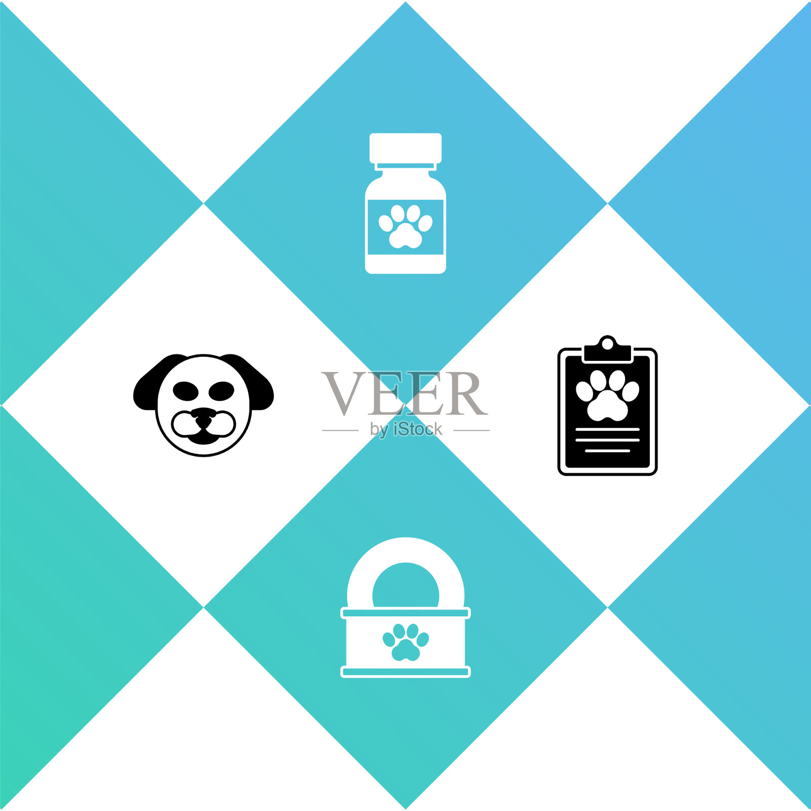 设置狗罐头食品、药瓶和药丸图标素材