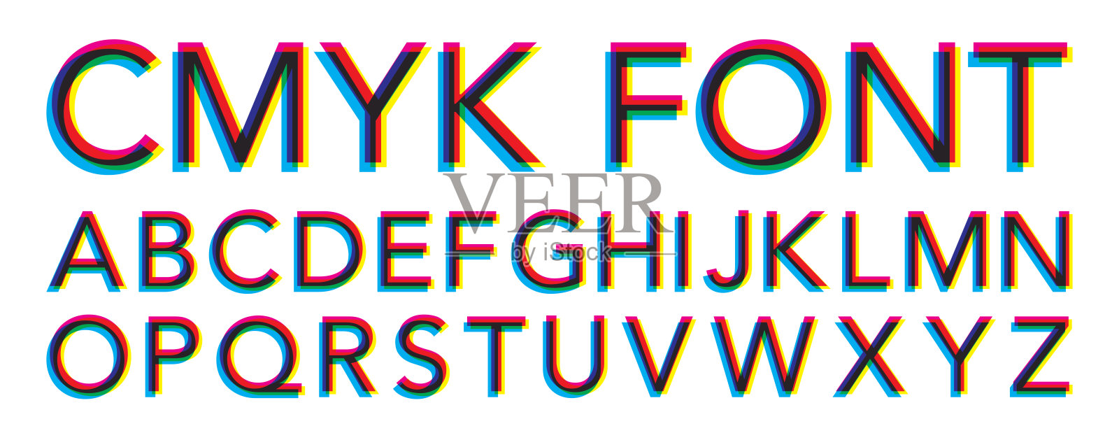 白色背景上的CMYK颜色字体。减法混合矢量字体插画图片素材