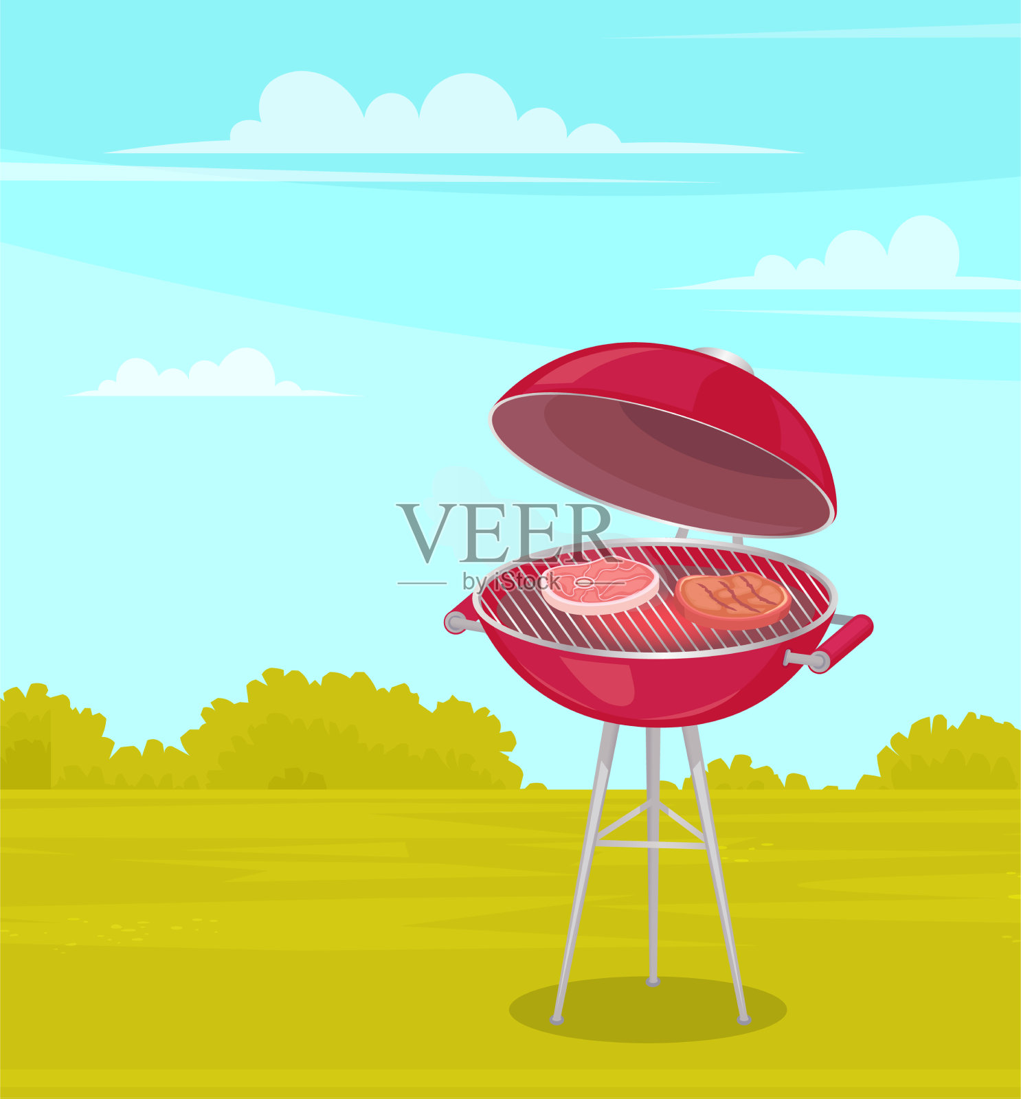 圆形烧烤架,红色底和盖子插画图片素材