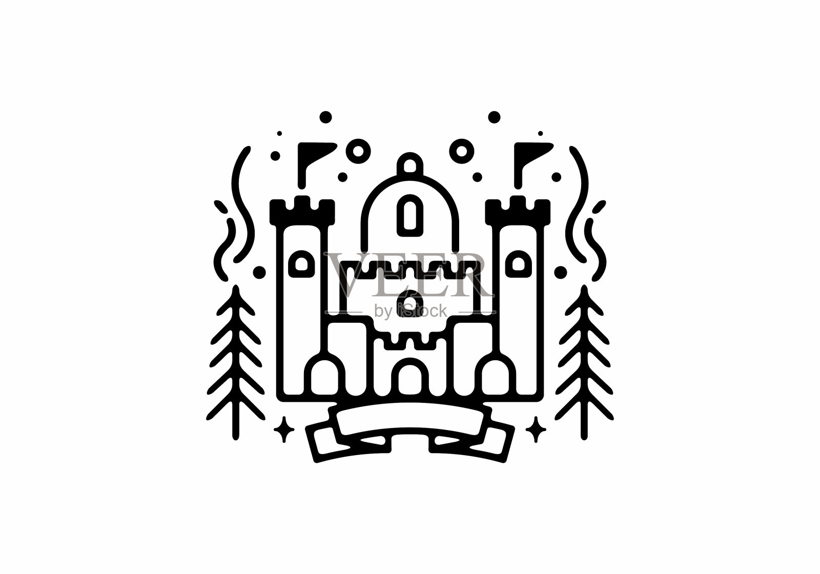 黑线艺术城堡与松树插画图片素材