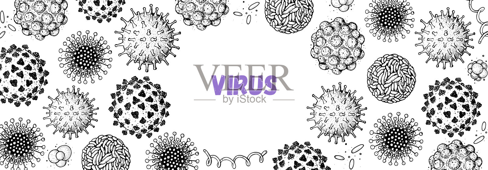 不同种类的病毒,素描收集。手绘插图,复古雕刻风格。呼吸道病毒感染。冠状病毒。冠状病毒2019-nCoV和其他病毒。宏观图。插画图片素材