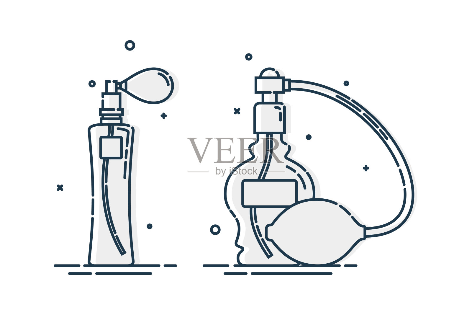 香水瓶孤立的图标上的白色背景。平面设计风格。喷淋系统。两个漂亮的容器玻璃或塑料。女性化妆品的生意。图形对象轮廓插画图片素材