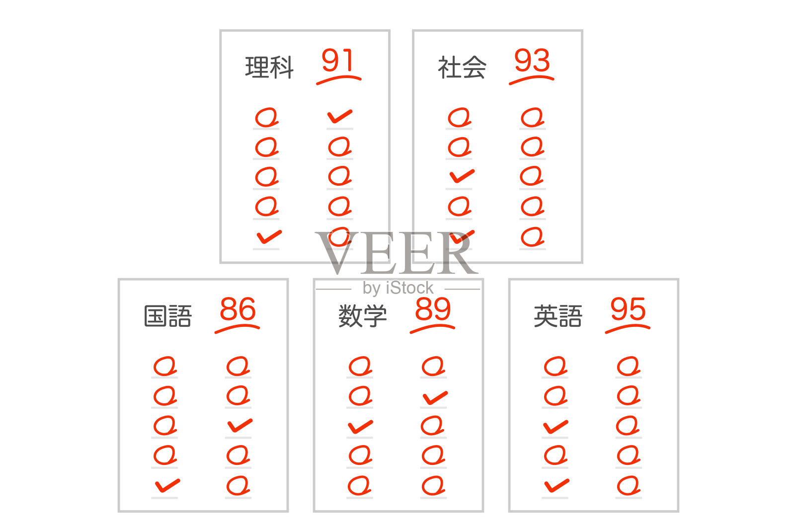 所有科目的高分答题卡插画图片素材