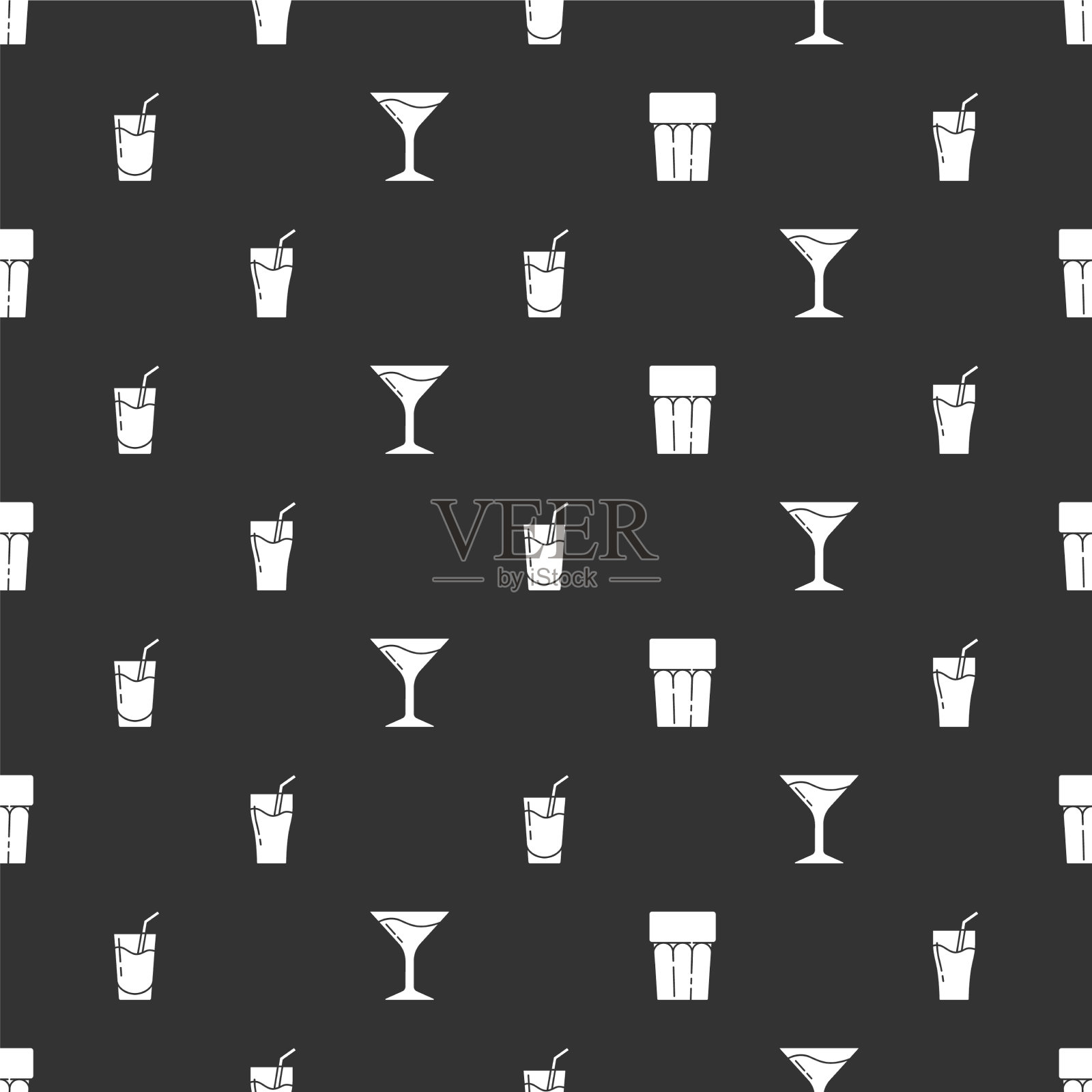 在玻璃杯里放上水、果汁、鸡尾酒和图标素材