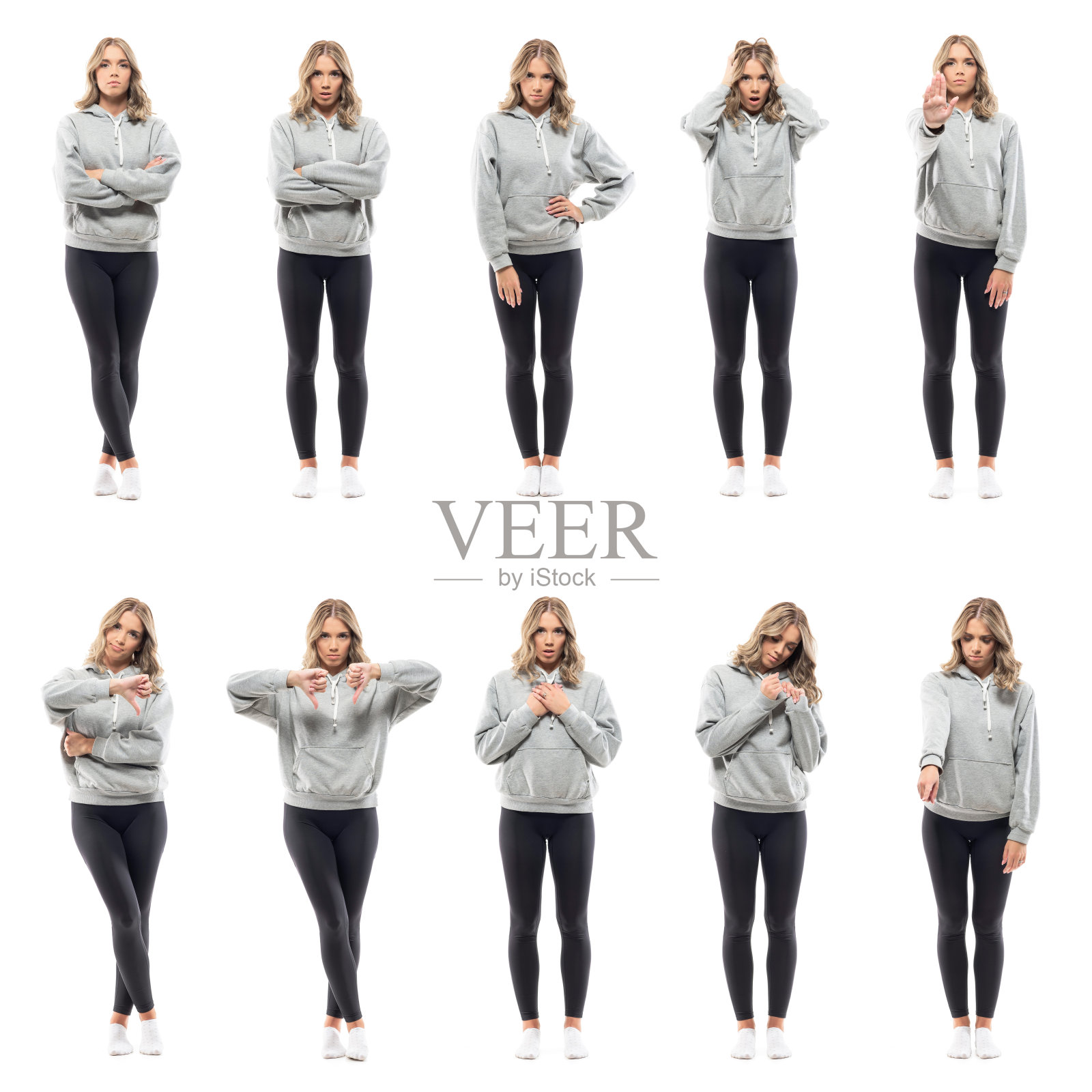 年轻漂亮的女人在舒适的家装与各种消极的表情和手势的拼贴照片摄影图片