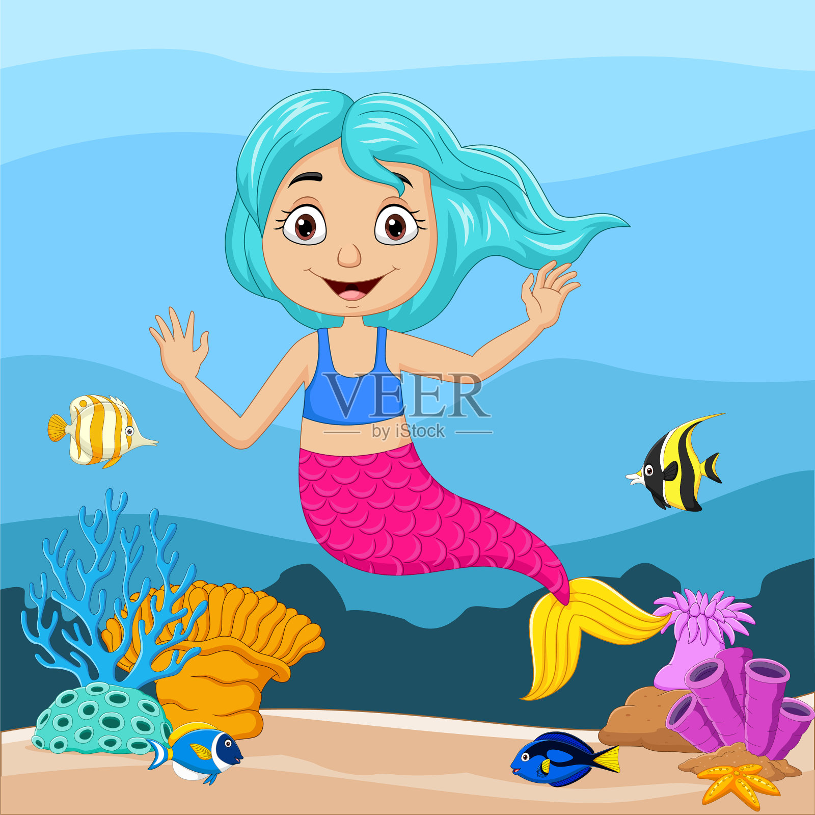 卡通小美人鱼在水下世界插画图片素材