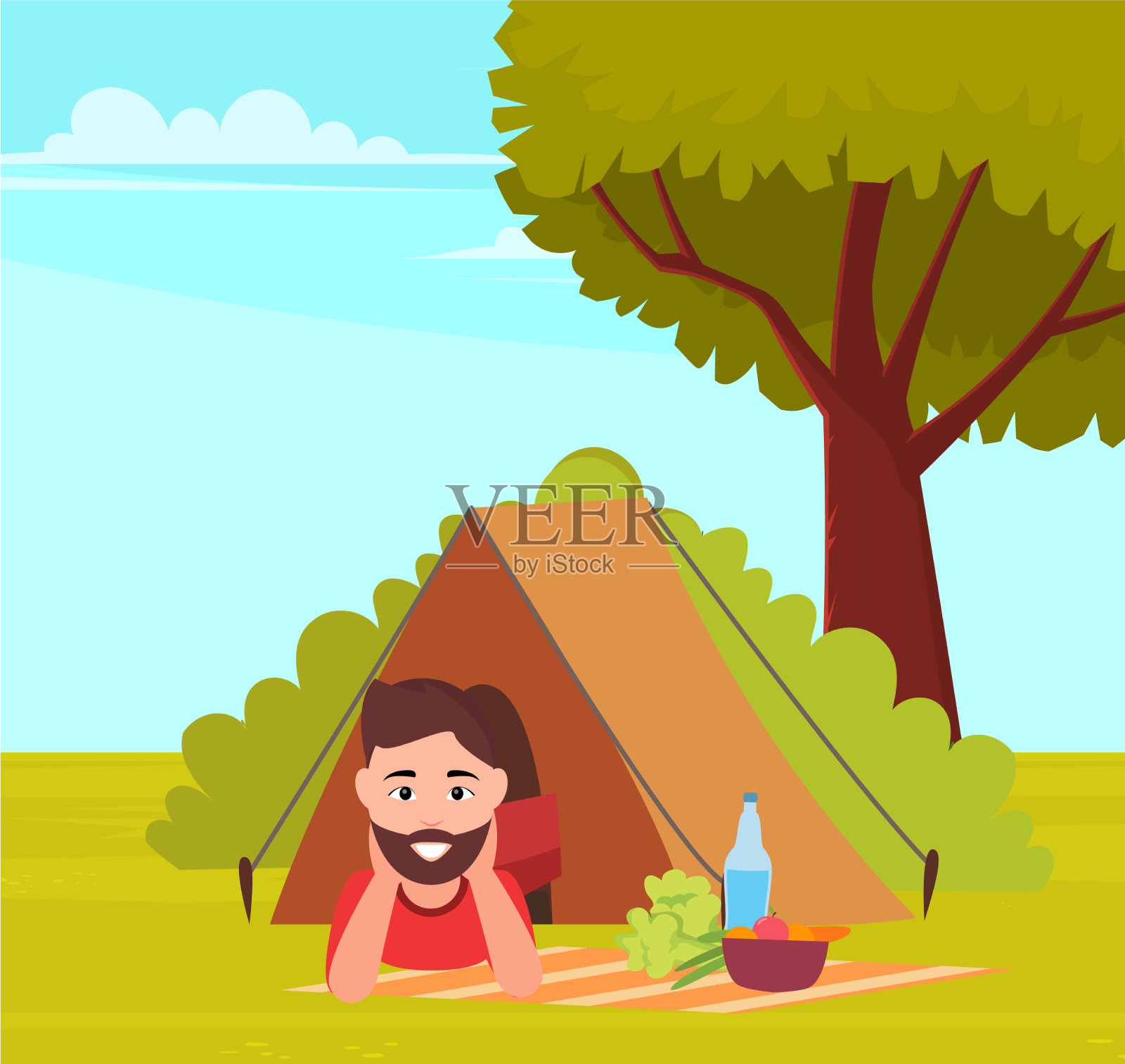 快乐的游客或背包客躺在帐篷男插画图片素材