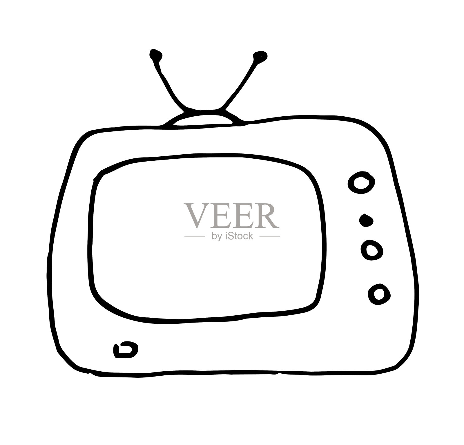 向量复古的电视。有天线和按钮的长方形电视。手绘涂鸦风格的一个孤立的老式电视与按钮和天线黑色孤立线在一个白色的背景为设计模板设计元素图片