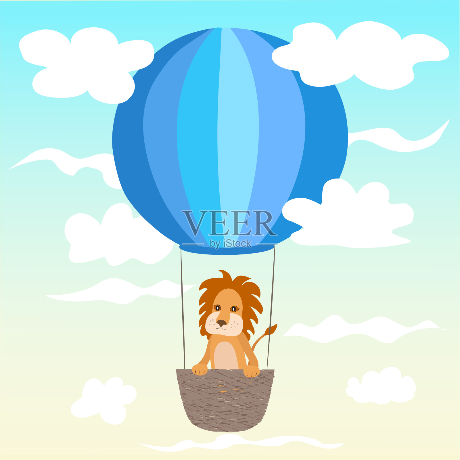 小狮子正在热气球上飞行。儿童矢量插图,用于儿童用品的装饰。插画图片素材