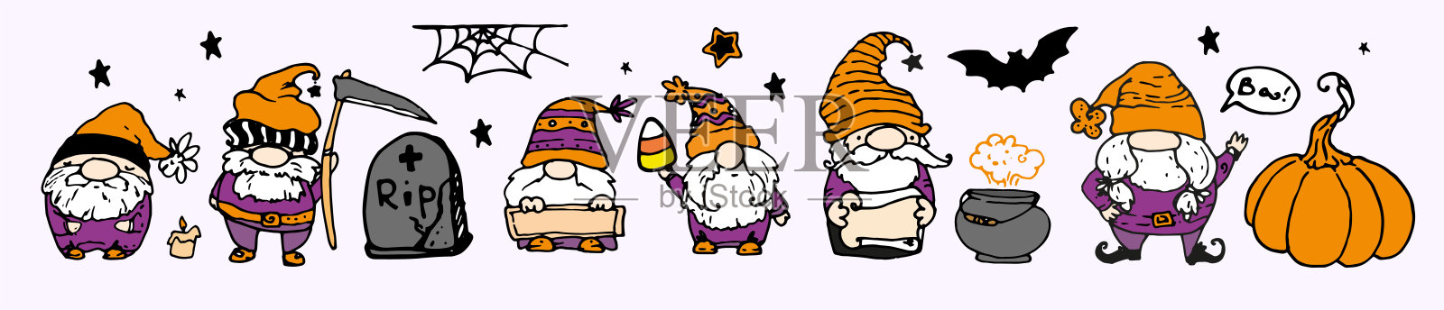 矢量设置侏儒的万圣节在橙色和紫色的颜色。手绘的一套孤立的元素矮人与镰刀,南瓜,蜘蛛网,镰刀,坩埚与药水,星星为万圣节插画图片素材