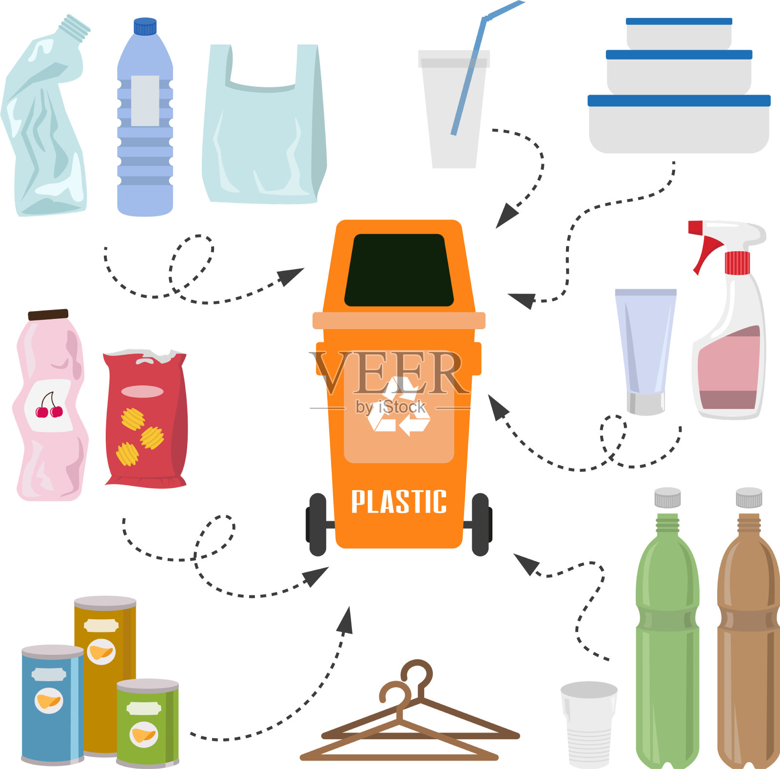 白色背景上有塑料垃圾的容器插画图片素材