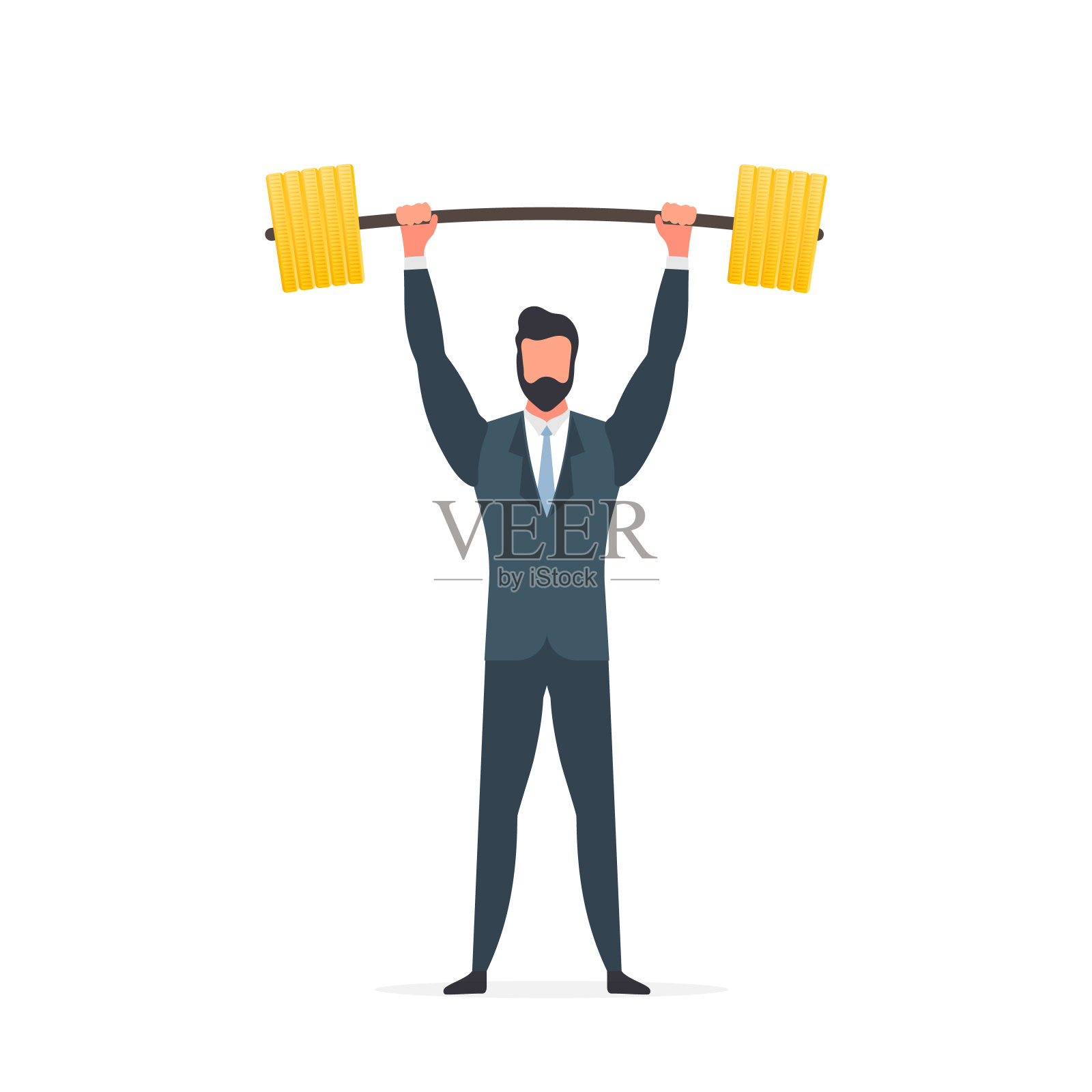 商人用金币举起杠铃。一个穿着西装拿着杠铃的人。成功的业务和收入增长的概念。孤立。向量。插画图片素材