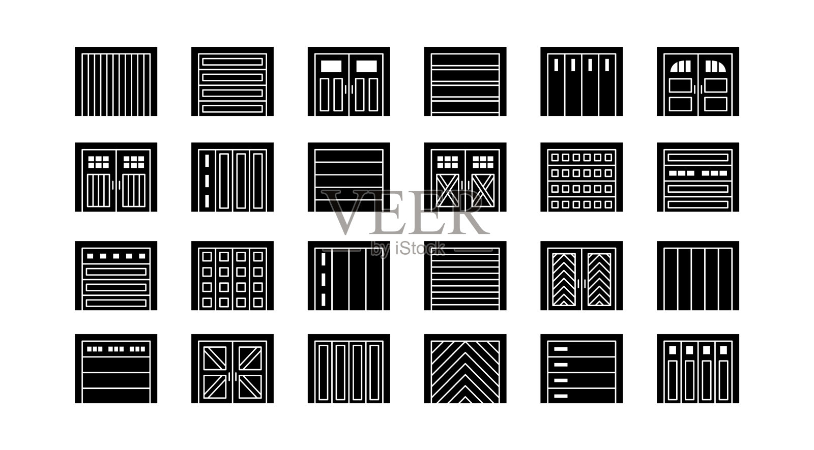 车库门关闭。平的图标集。各类仓库或车间门。矢量插图与外部设计标志。孤立的对象图标素材