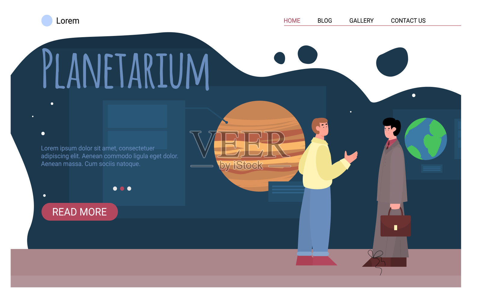 人们在天文馆观赏太空物体或太阳系行星插画图片素材