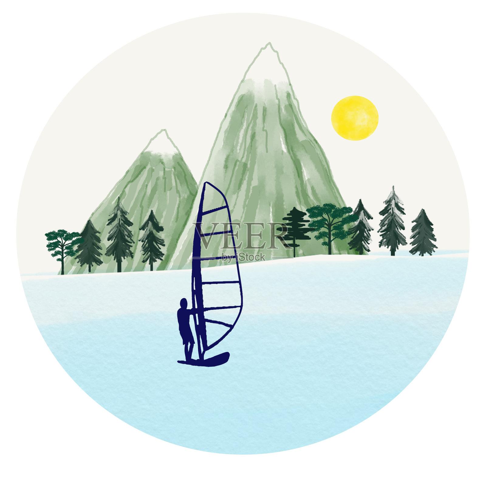 一个人在船上的剪影。帆船运动。游艇。山的风景。森林。活跃的娱乐。用于邀请、明信片、横幅、海报的插图。设计印刷插画图片素材