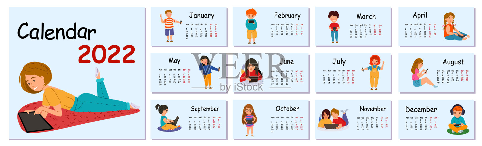 水平矢量日历设计模板为2022年,平面设计。设计模板素材