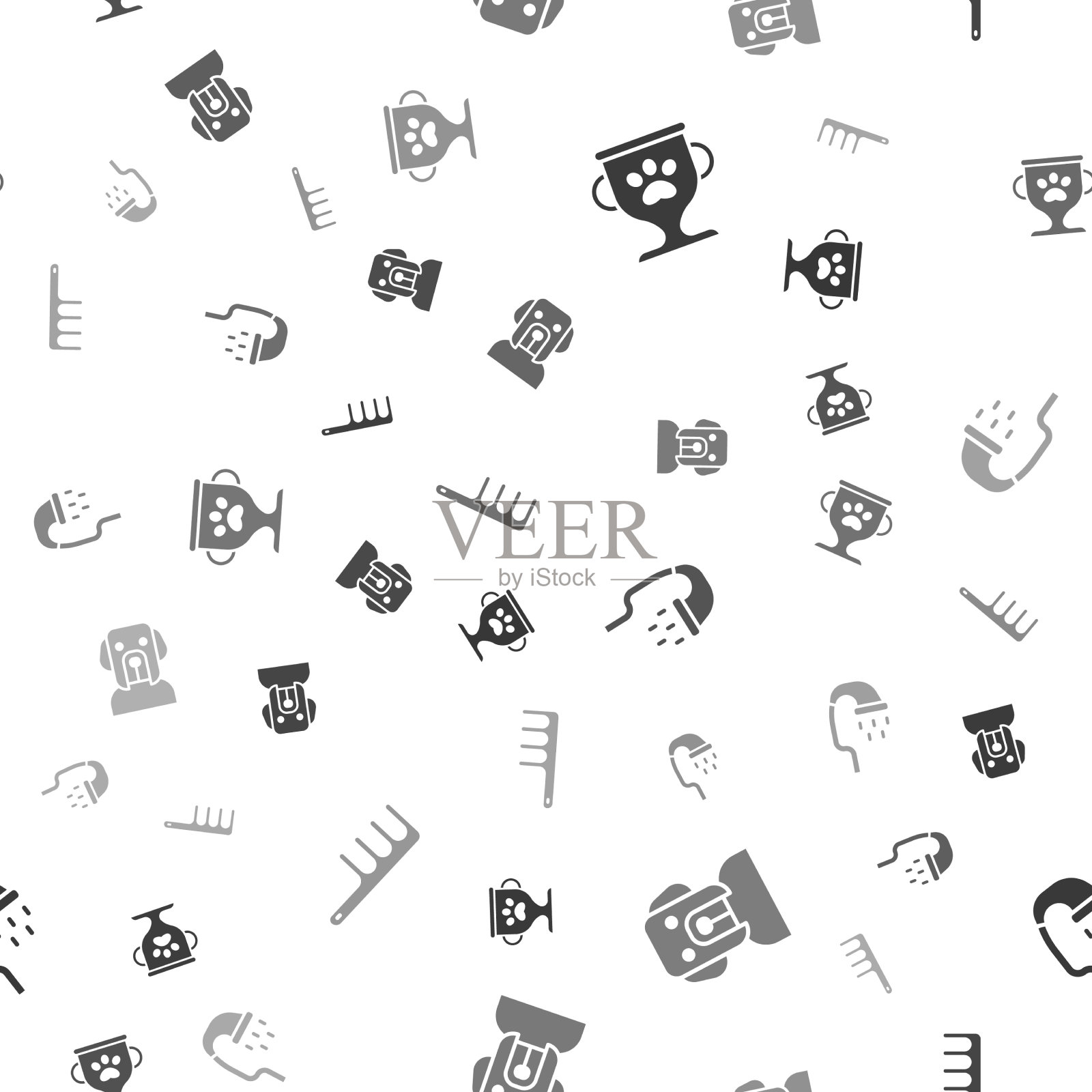 设置宠物奖狗淋浴器和狗毛刷图标素材